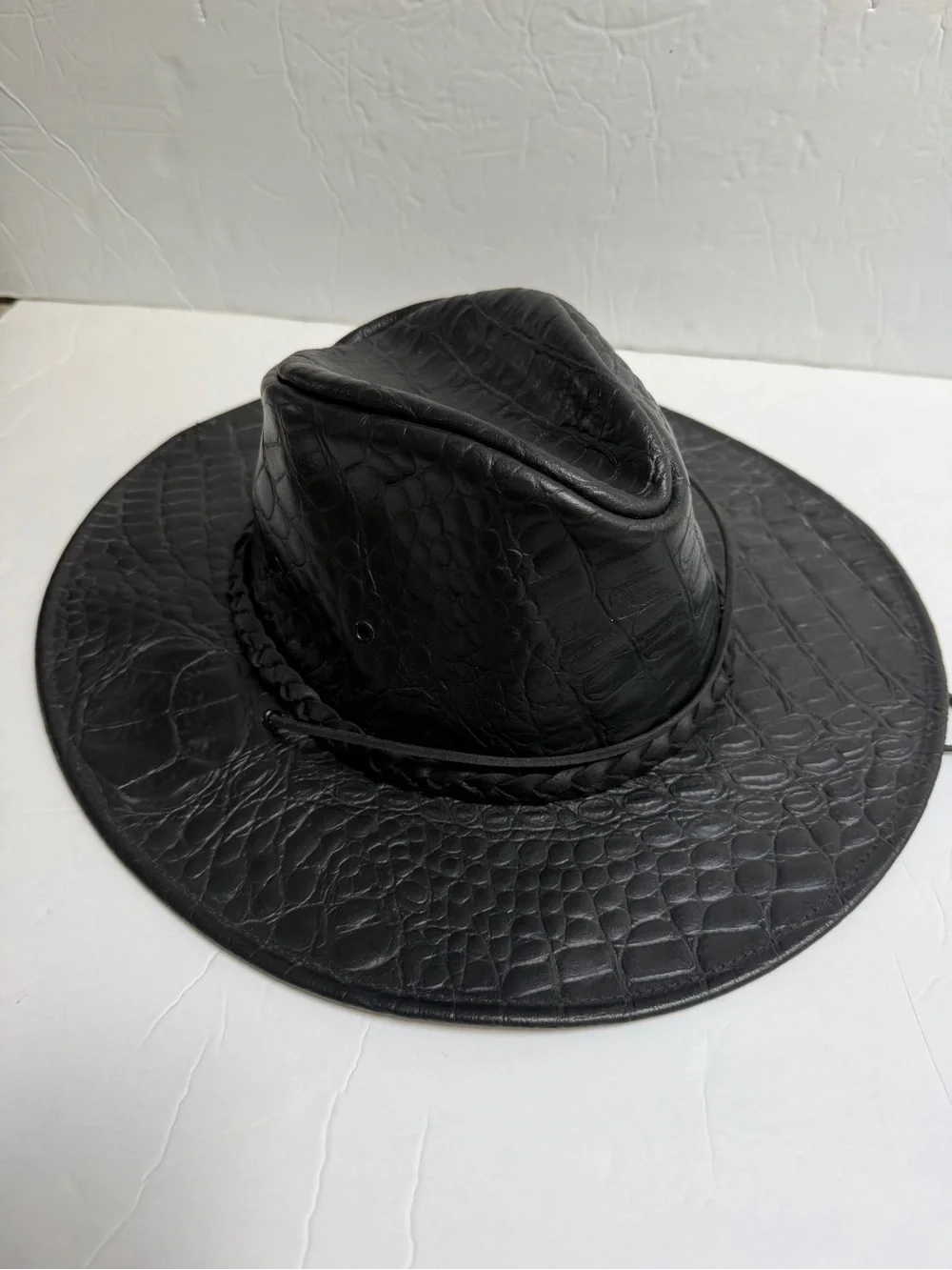 Black Croc Embossed Leather Cowboy Western Hat with Braided Band